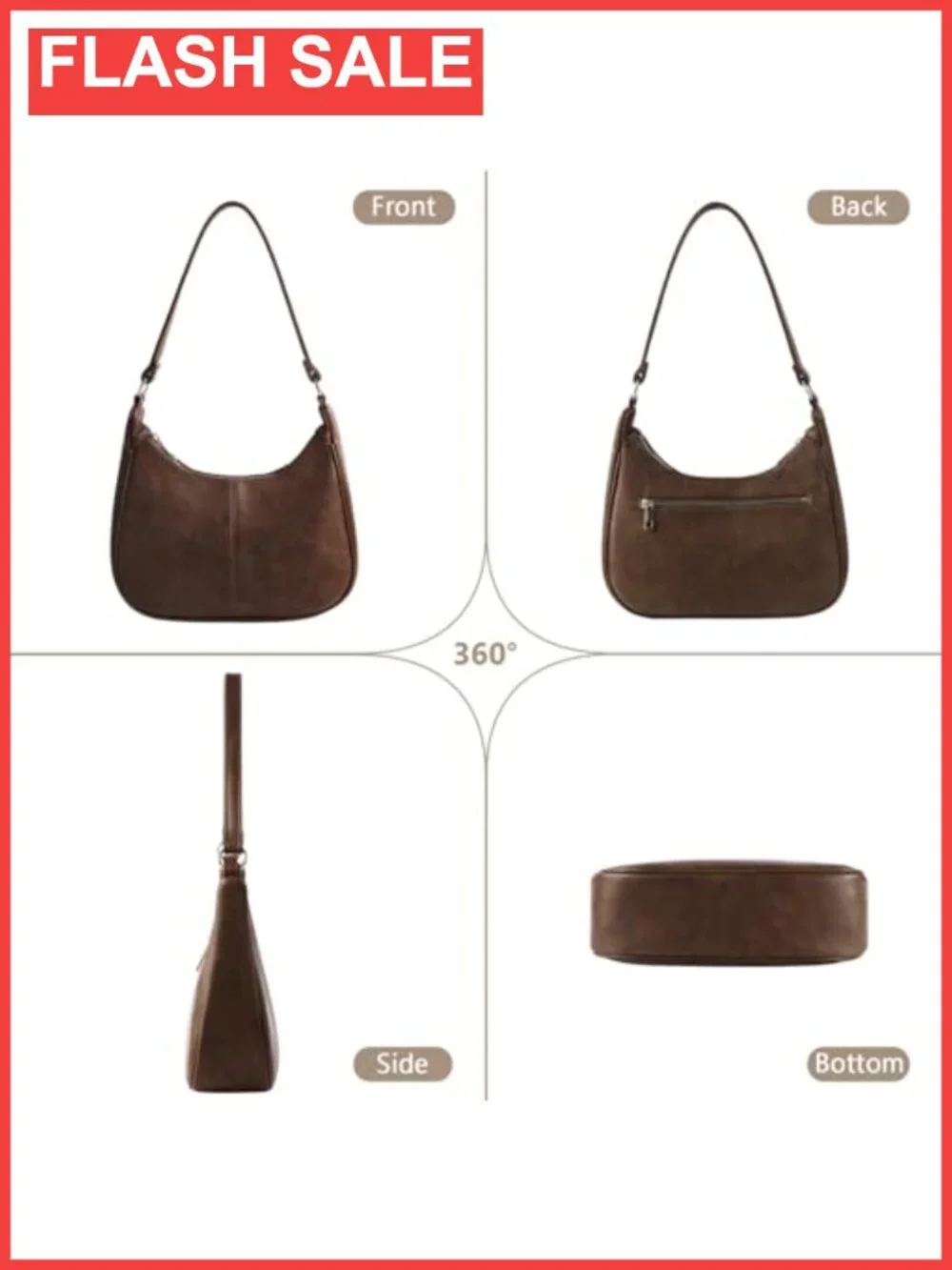 Vegan Leather Hobo Shoulder Bag Small Crescent Purse with Zip Pocket